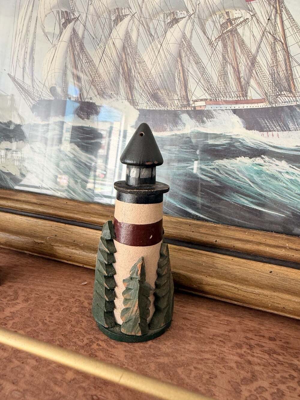 Wooden Lighthouse Ornament Handcrafted Figurine Pine Trees Nautical Decor